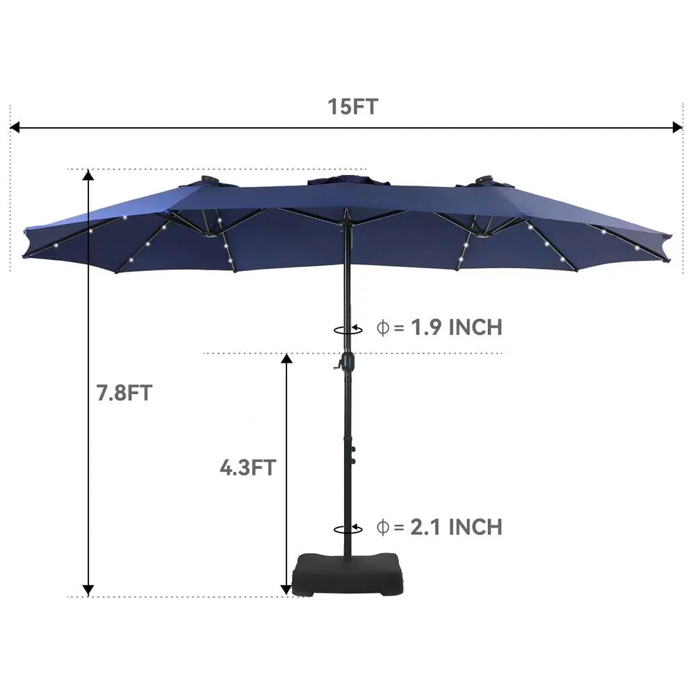15 x 9 Ft Double-Sided Patio Umbrella with Solar LED Lights and Base