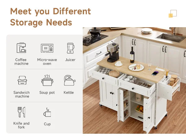 58-Inch Rolling Kitchen Island with Drop Leaf & Power Outlet