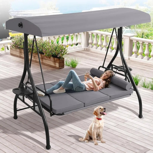 Convertible Porch Swing Bed With Canopy Stand And Cup Holder