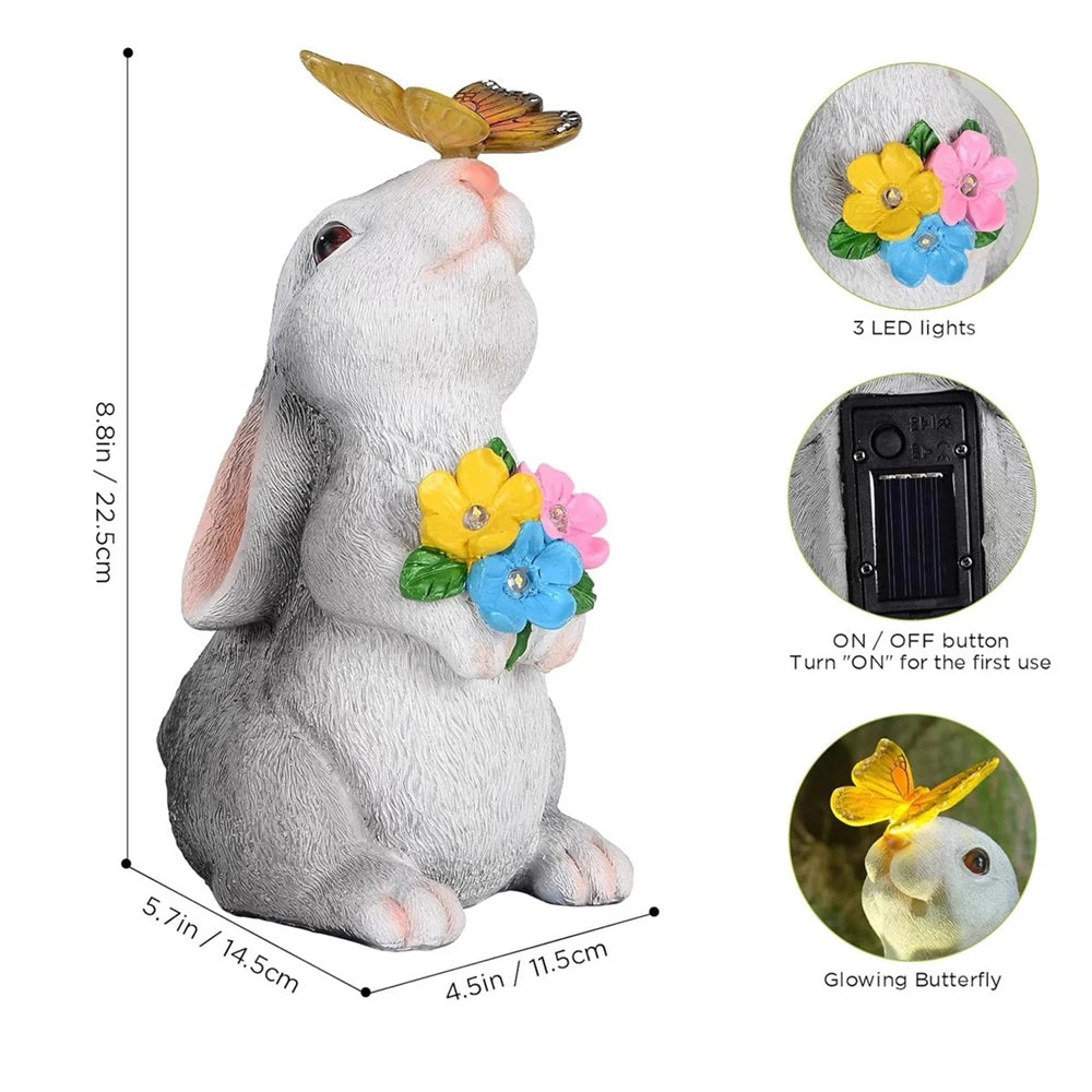 Solar Bunny Statue With Butterfly LED Light For Garden