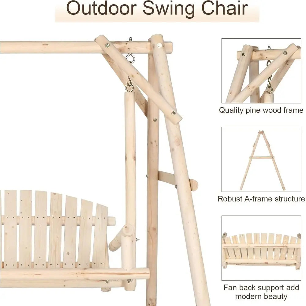 Natural Wood A-Frame Porch Swing with 2-Person Bench
