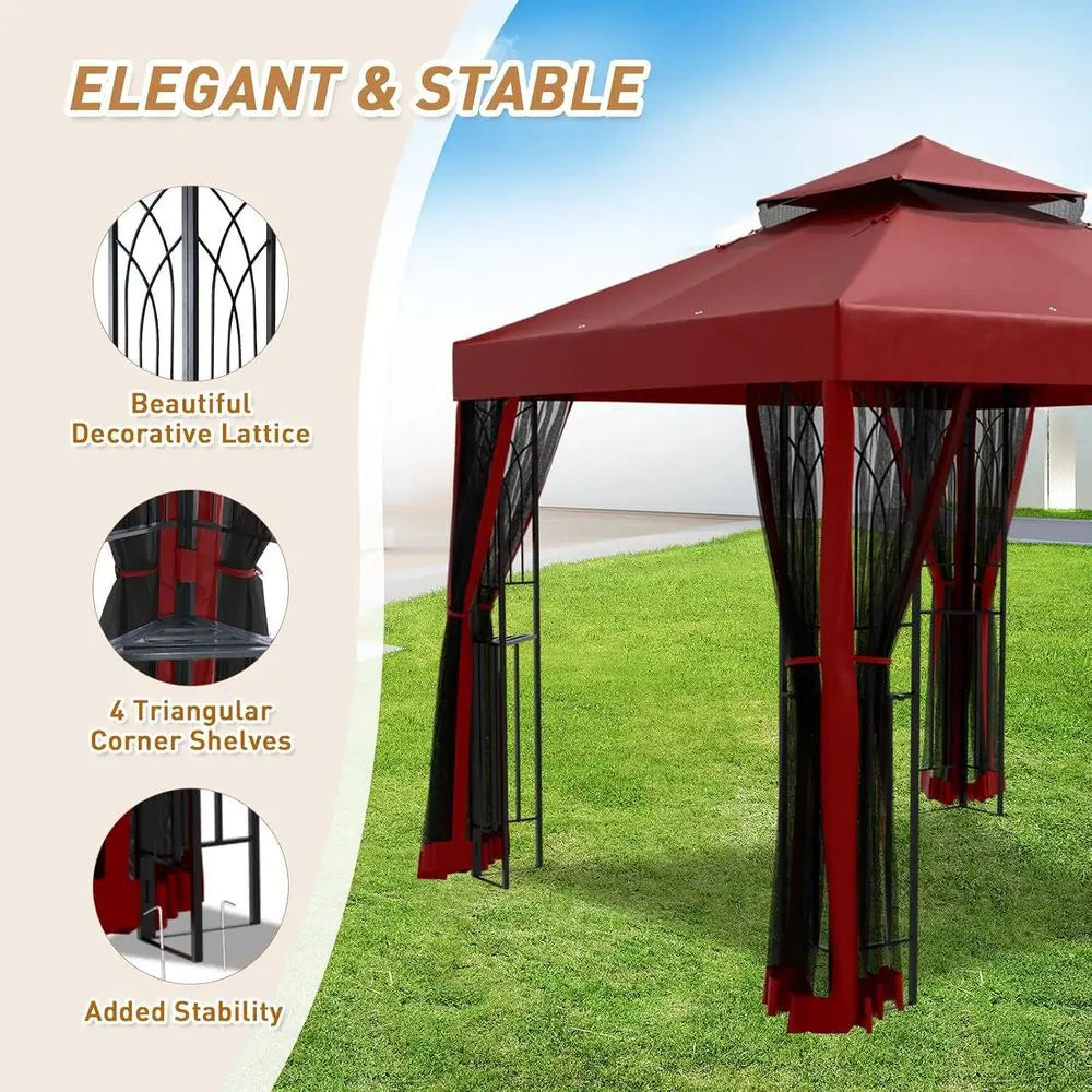 8' x 8' Outdoor Patio Gazebo with Mesh Netting & Built-In Corner Shelves