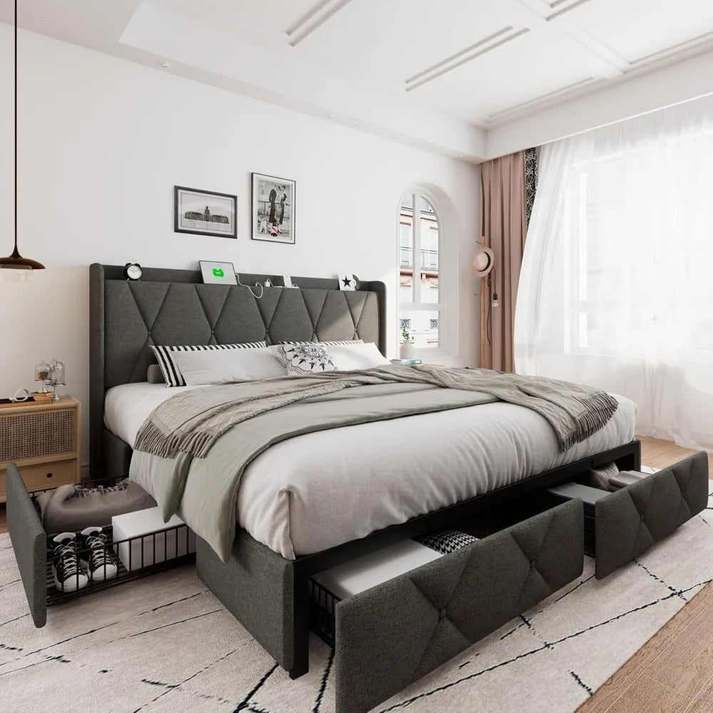 Upholstered Wingback Platform Bed With Storage Drawers And USB Charging