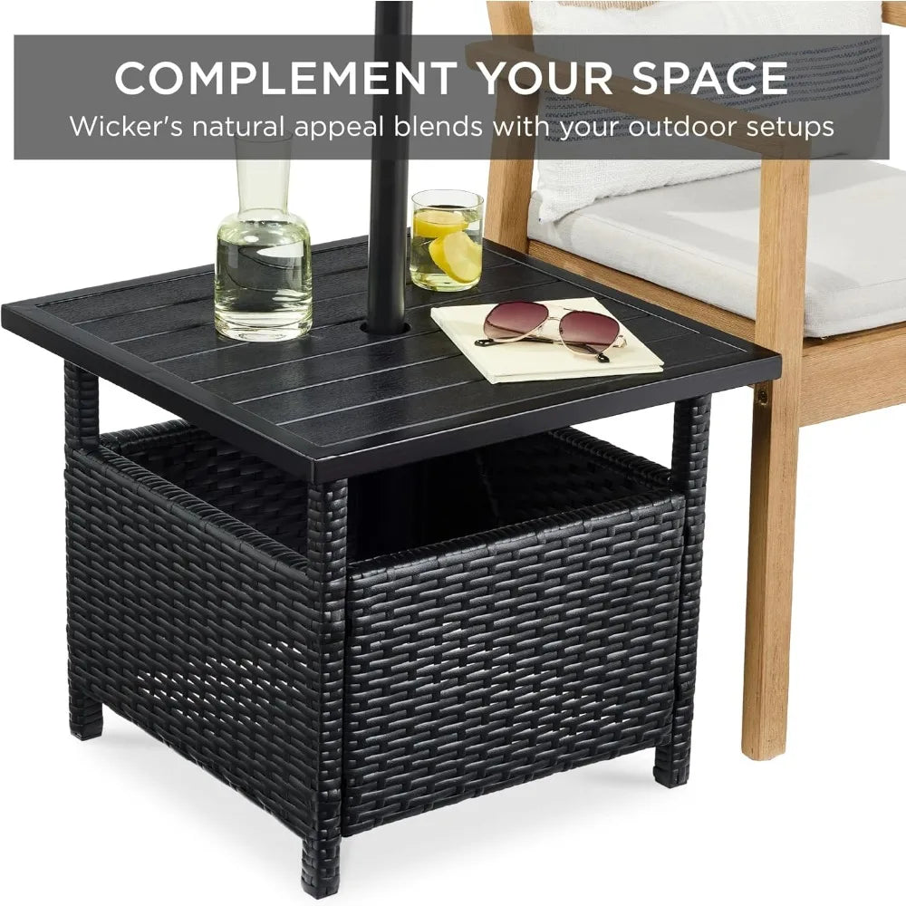 Wicker Outdoor Side Table With Umbrella Hole UV-Resistant