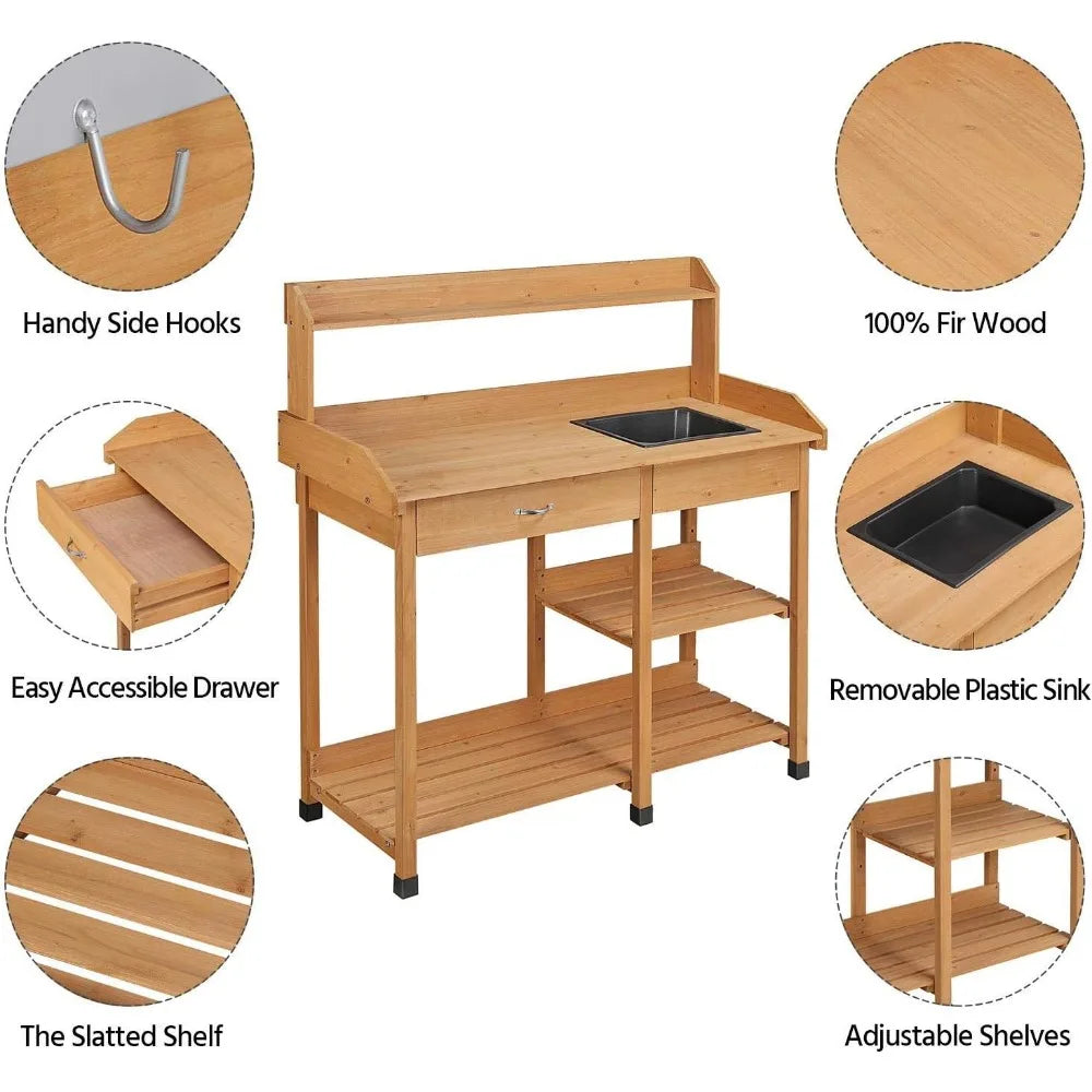Outdoor Garden Potting Bench With Sink And Open Shelves