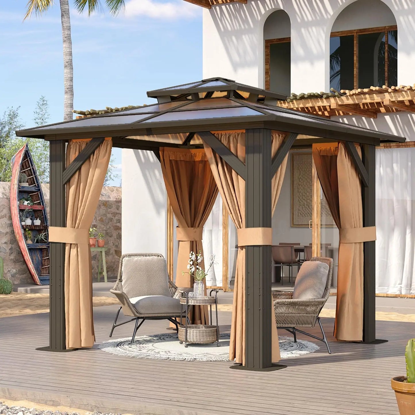 Hardtop Aluminum Gazebo With Curtains Netting And Outdoor Polycarbonate Roof