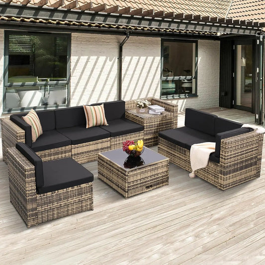 Outdoor Wicker Rattan Sectional Furniture Set with Glass Table
