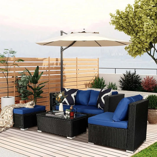 Durable 5-Piece Outdoor Patio Furniture Set, Up to 360 lbs Capacity, Wicker Sectional Sofa with Glass Top Coffee Table, Ideal fo