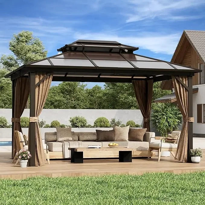 Outdoor Hardtop Gazebo With Polycarbonate Roof And Curtains Netting