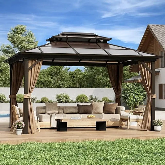 Outdoor Hardtop Gazebo With Polycarbonate Roof And Curtains Netting