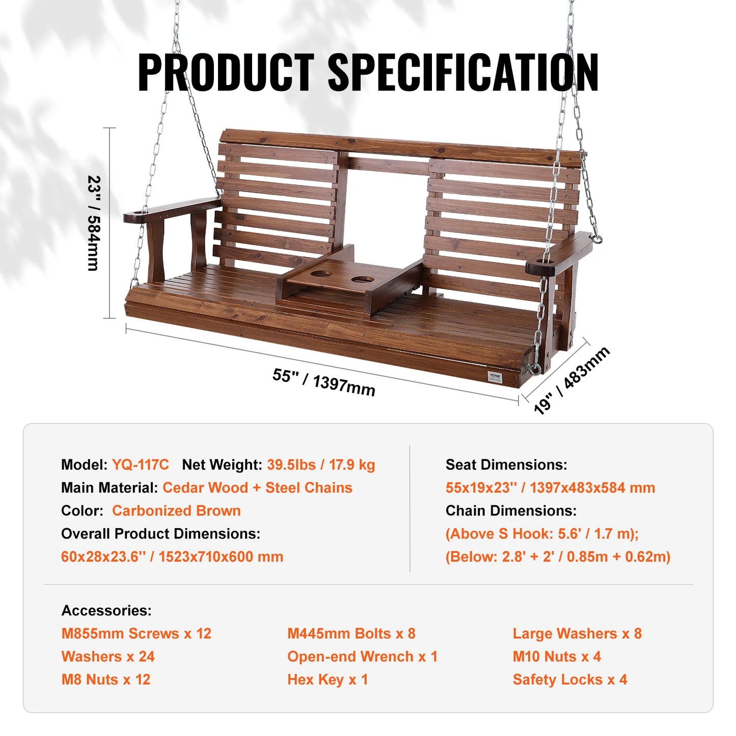 Outdoor Wooden Porch Swing With Cedar Wood And Durable Chains