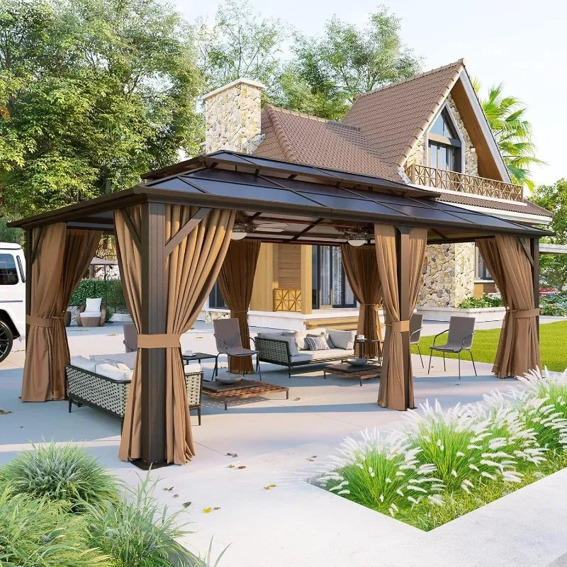 Hardtop Aluminum Gazebo With Curtains Netting And Outdoor Polycarbonate Roof