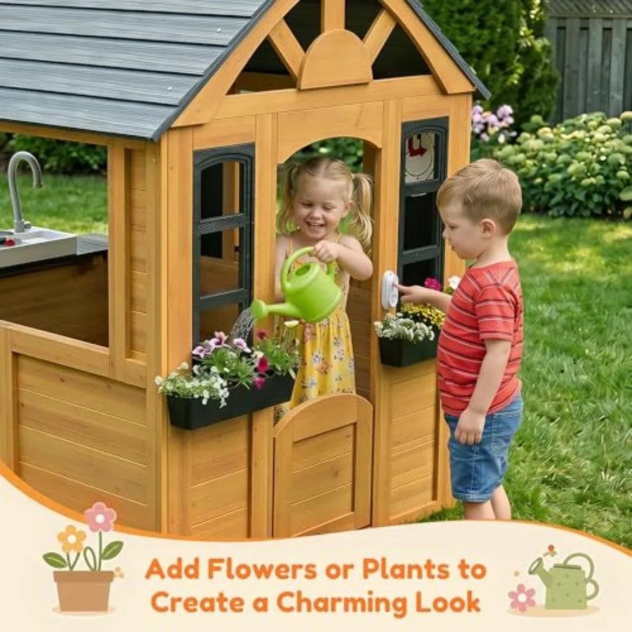 Outdoor Wooden Playhouse with Kitchen, Snack Bar & Pet Door