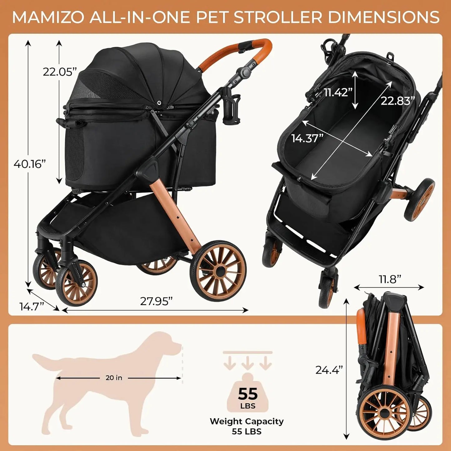 JHK 3 Wheels Foldable Pet Stroller for Small Dogs and Cats Stroller with Mesh Windows Storage Basket Cup Holder for Outdoor Use