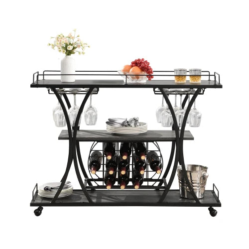 Three Tier Bar Cart With Mobile Wine Glass Storage