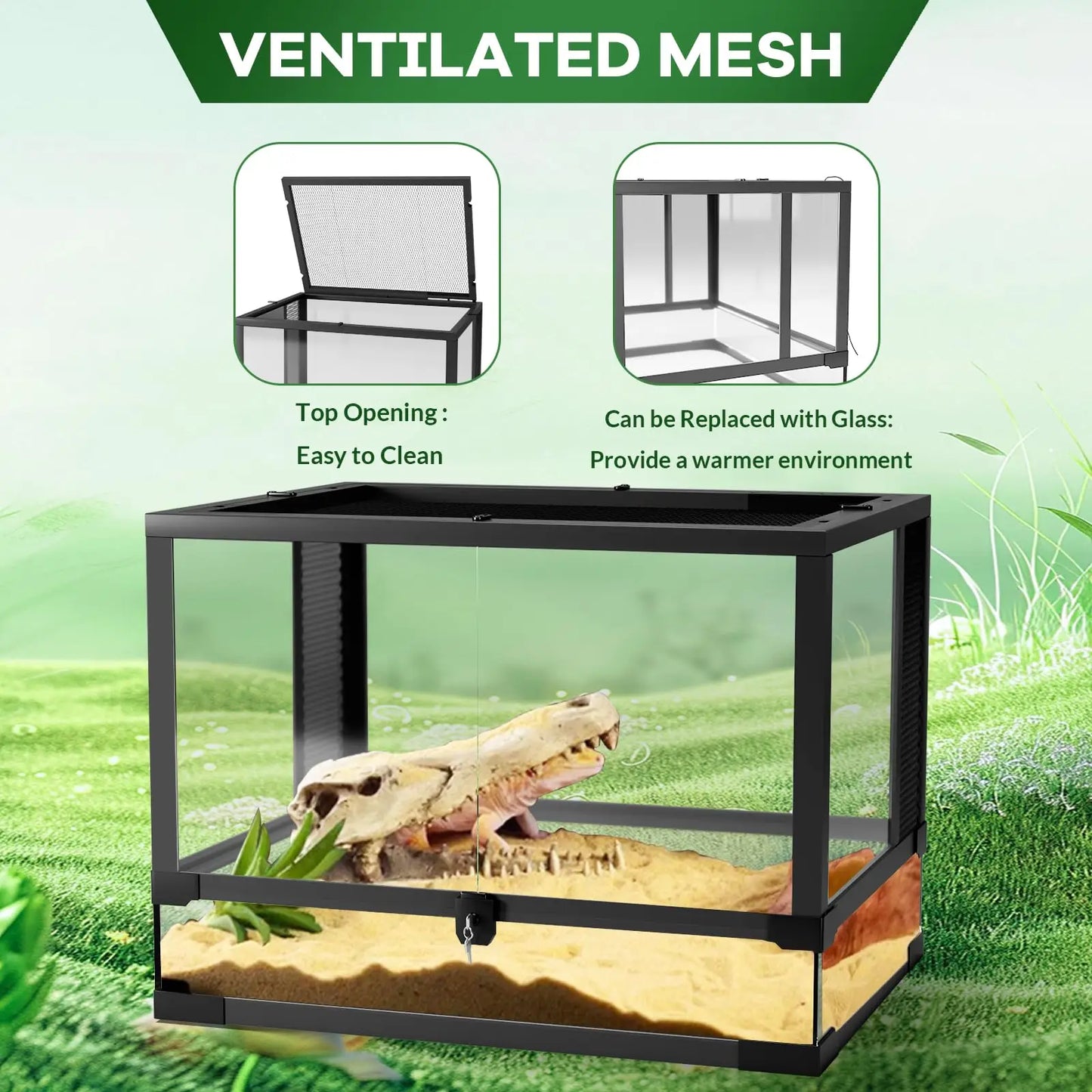 Tempered Glass Reptile Terrarium Top Screen Featuring Anti Escape Hinges