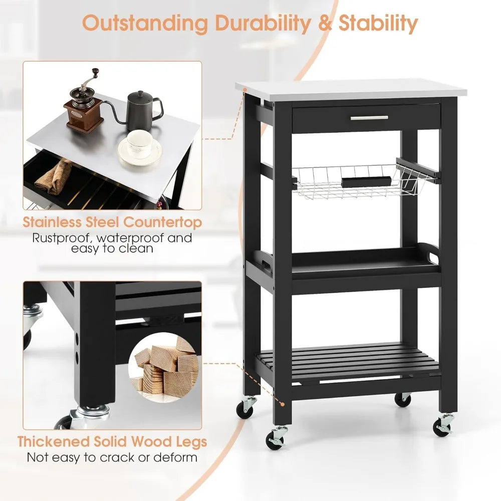 Rolling Kitchen Island Cart With Drawer And Stainless Steel