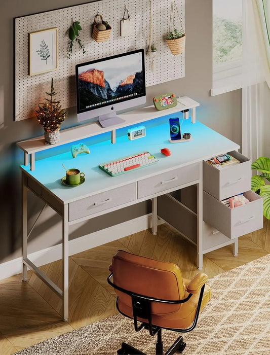 LED Computer Desk With Power Outlets Monitor Stand And Drawers