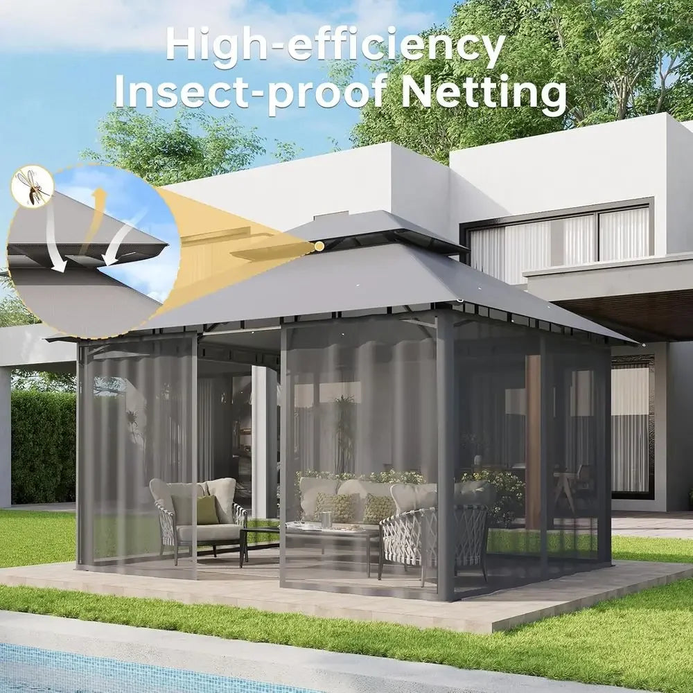 12x10 Outdoor Heavy Duty Gazebo With Double Roof And Mosquito Netting