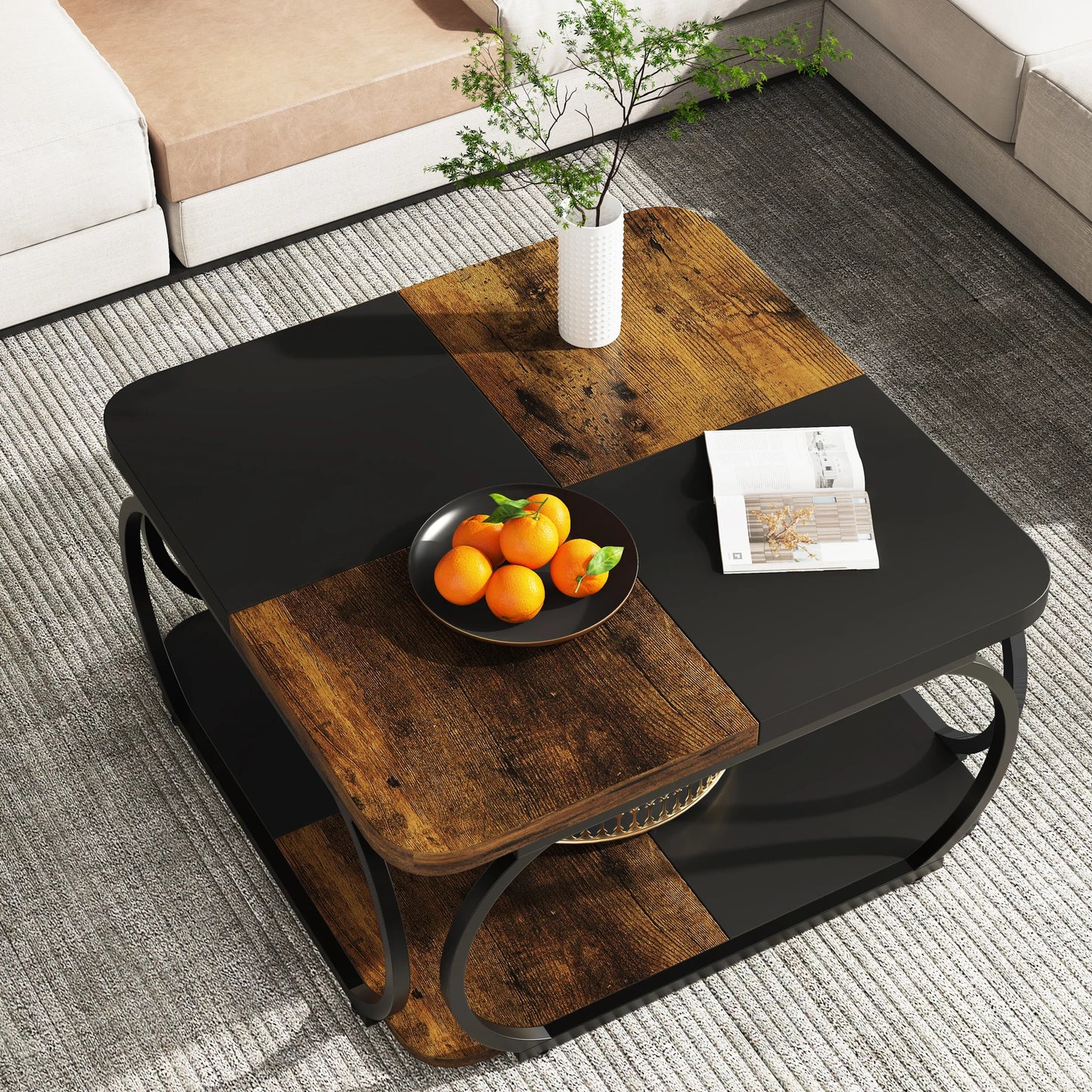 Tribesigns Square Farmhouse Coffee Table With Two Tier Storage Shelf