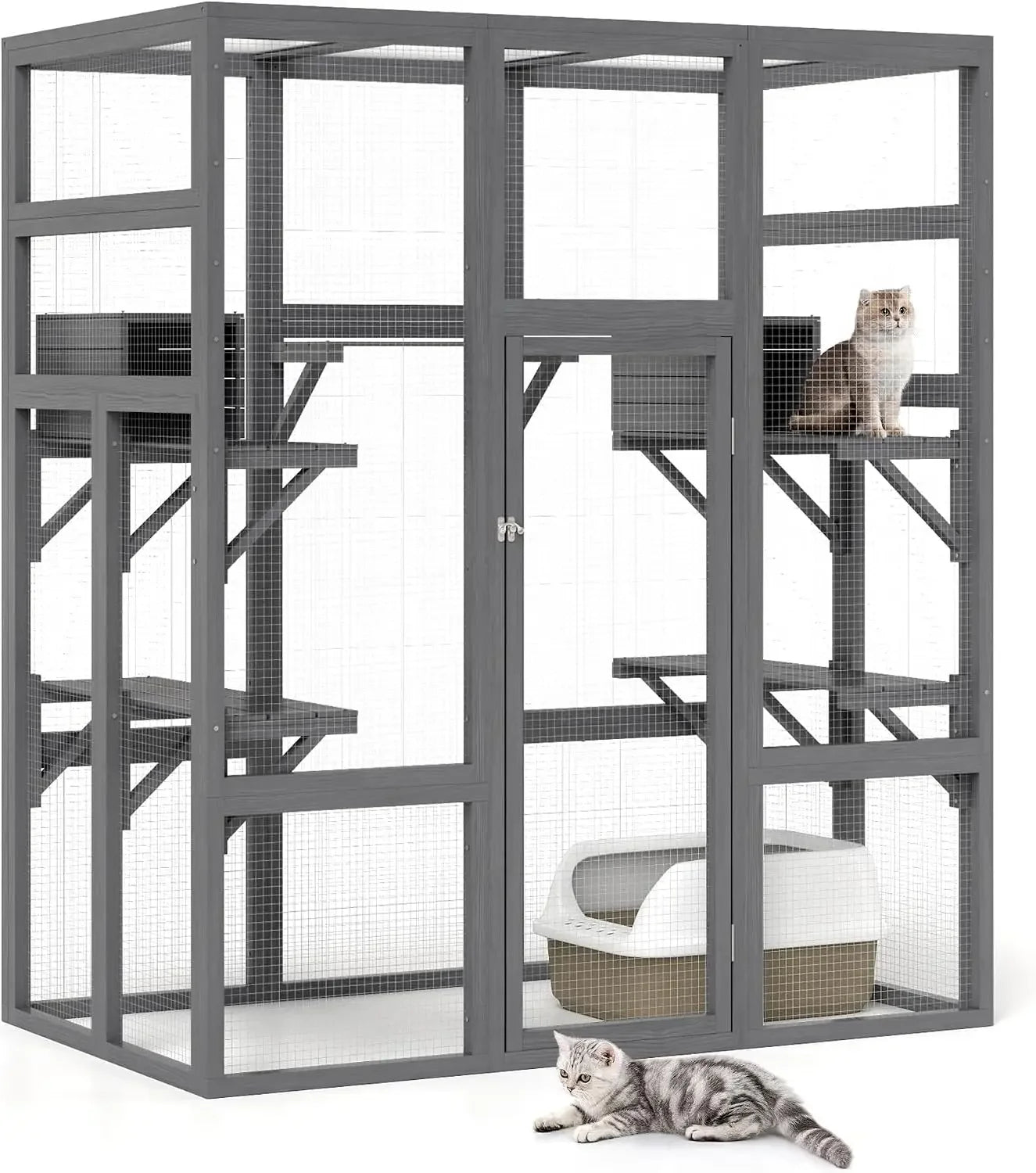 Wooden Outdoor Cat Enclosure With Waterproof Roof And Platforms