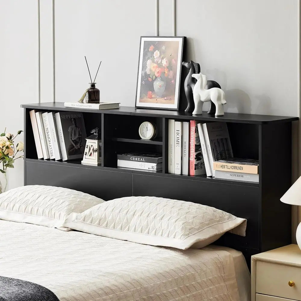 Wood Headboard With Storage And Adjustable Shelves With Four Compartments