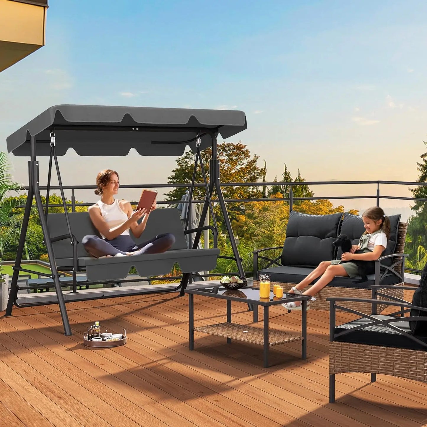 Patio Swing Three Seat Porch Bench With Adjustable Canopy