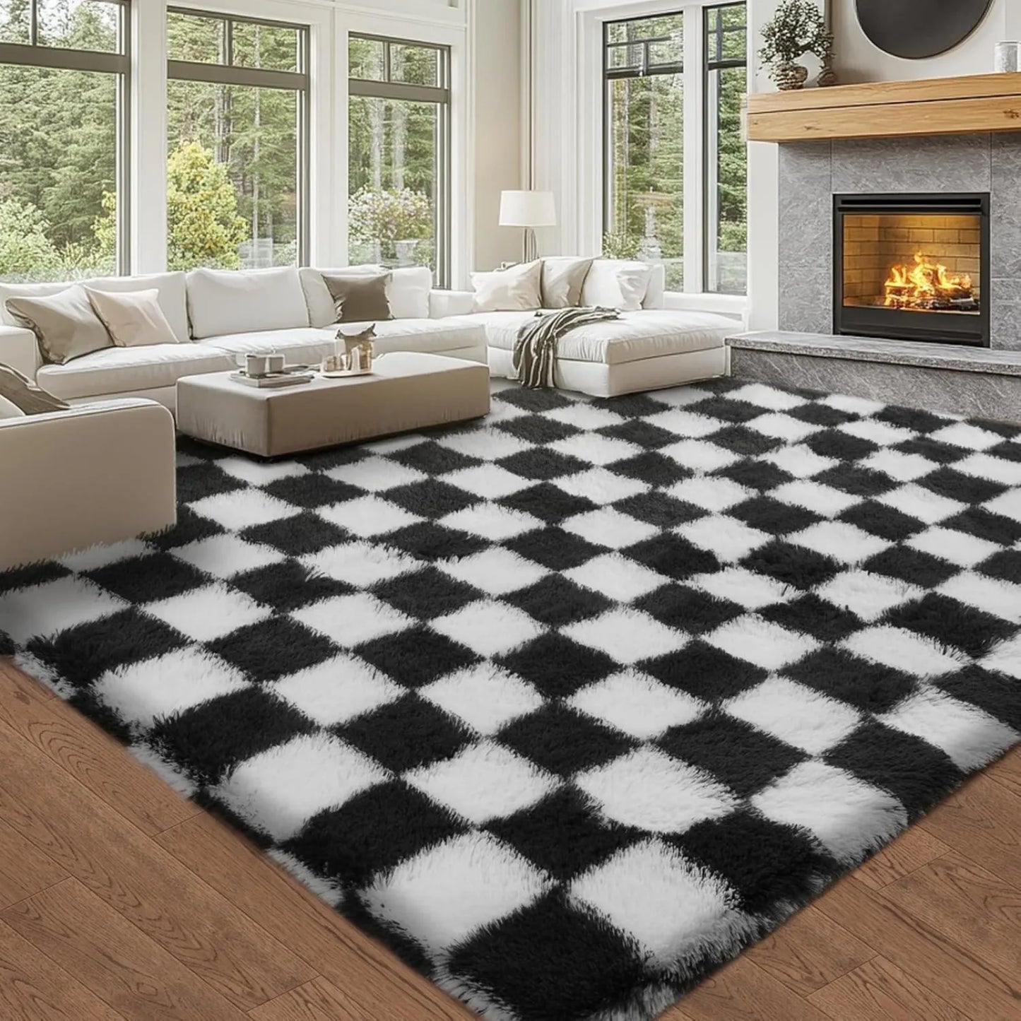 Checkered Shag Rug for Living Room Non Slip High Pile