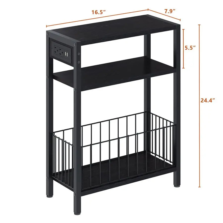 Slim Side Table With Charging Station And Three-Tier Storage Basket