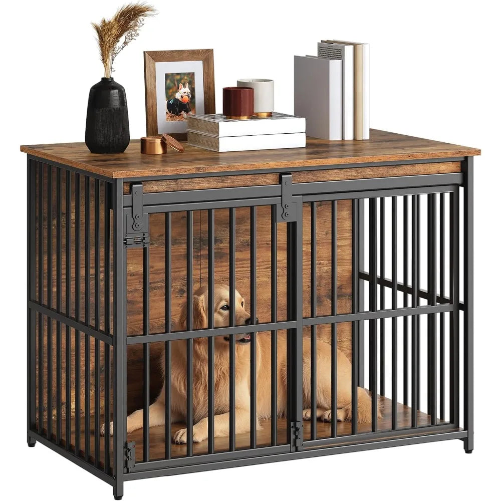 Heavy Duty Durable Dog Crate Table With Sliding Barn Door