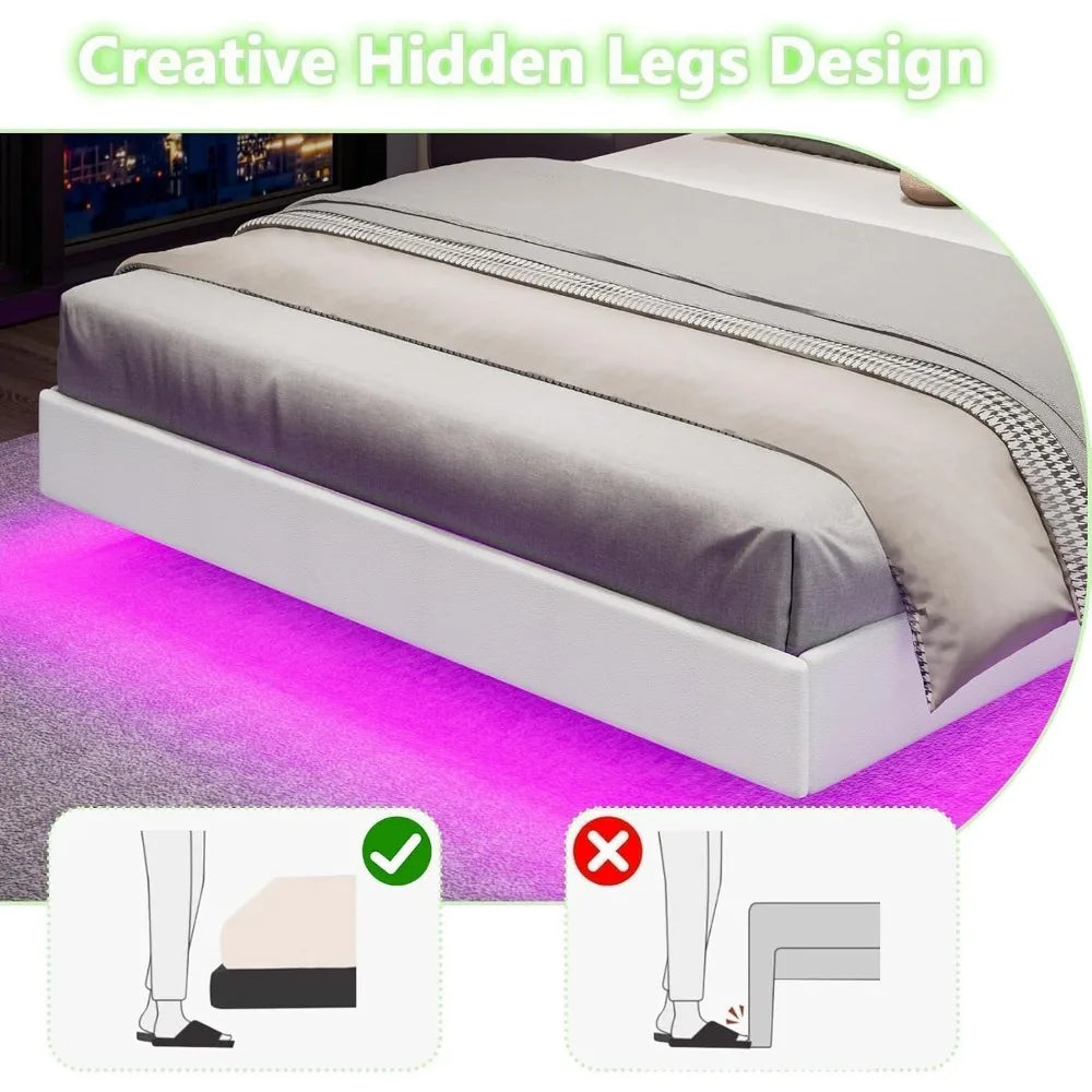 Floating Upholstered Bed Frame With LED Headboard And Slats