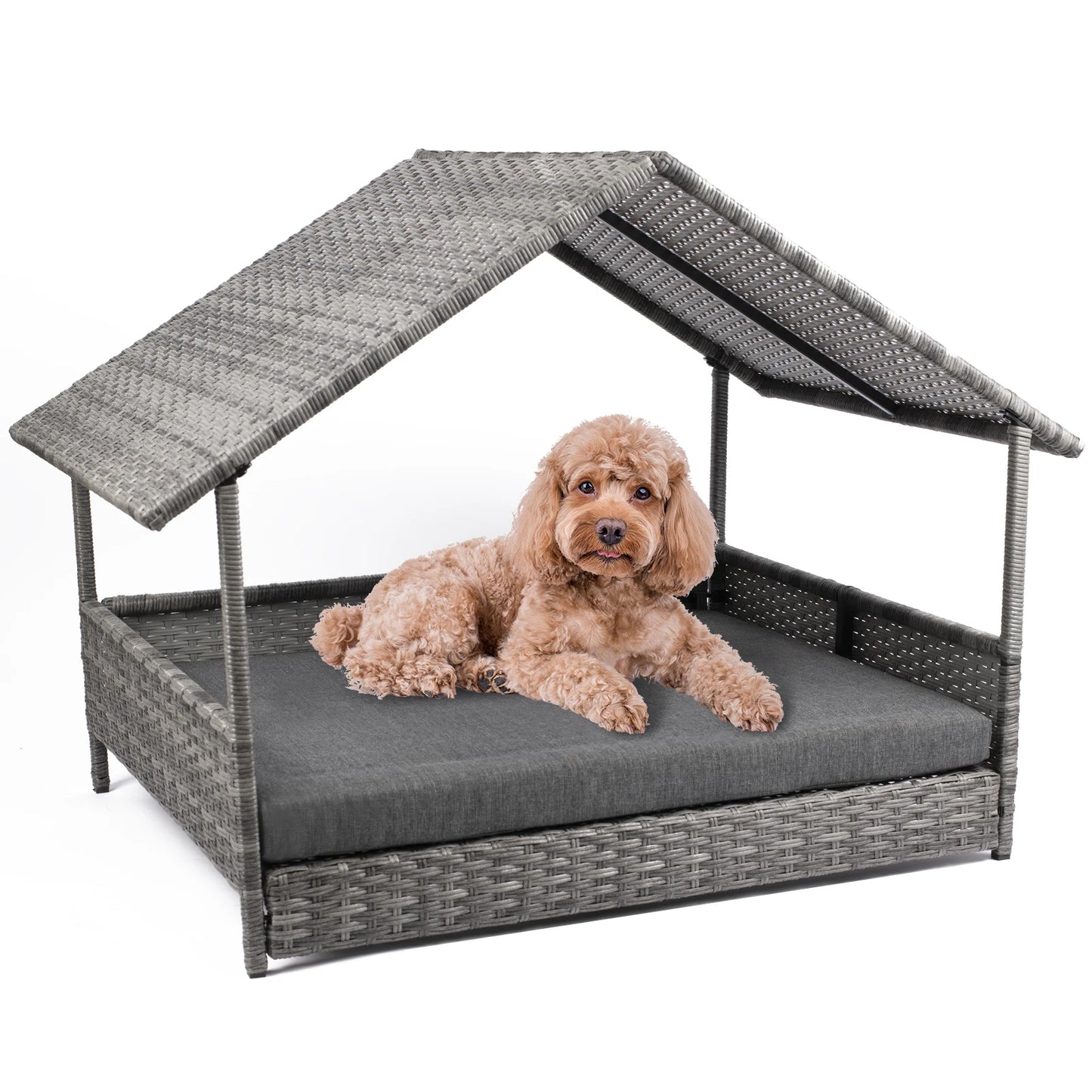 Wicker Dog House With Elevated Canopy Bed For Outdoors