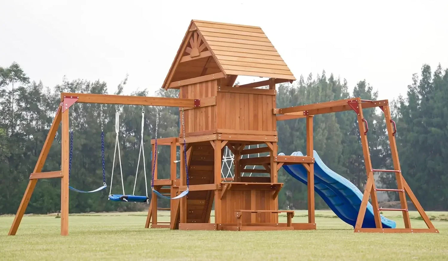 Wooden Backyard Swing Set With Plank Bridge And Monkey Bars