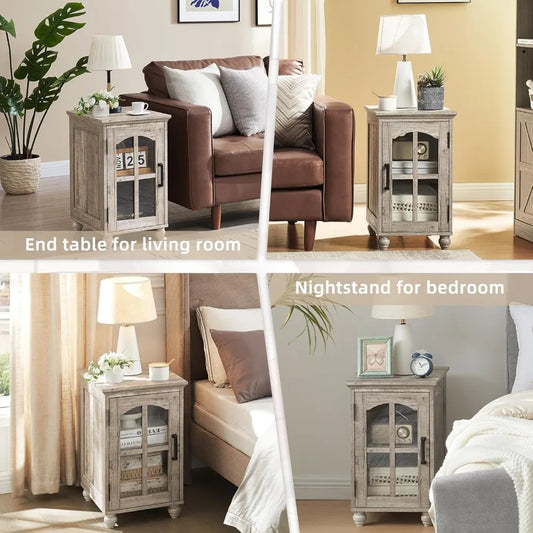 Farmhouse Nightstands With Charging Station And Glass Barn Door Storage
