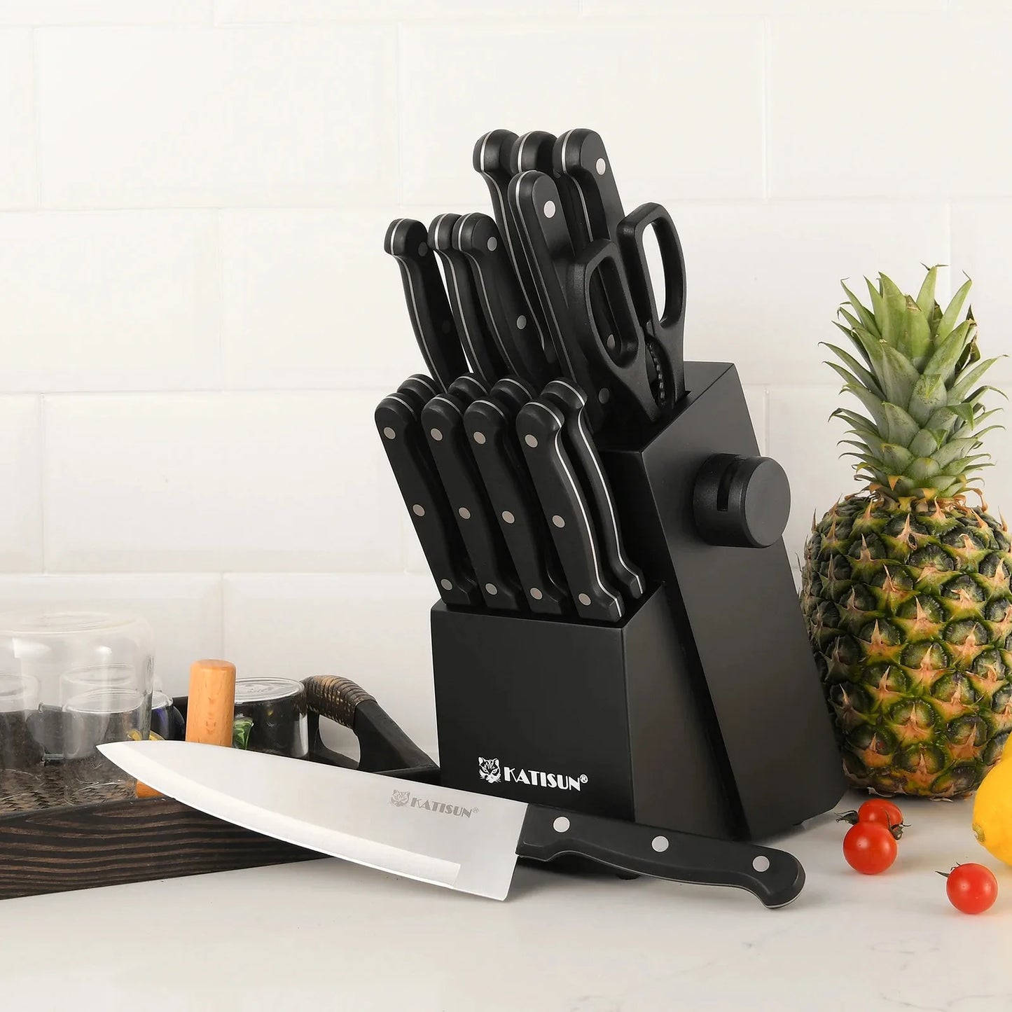 19-Piece Stainless Steel Kitchen Knife Set with Built-In Sharpener