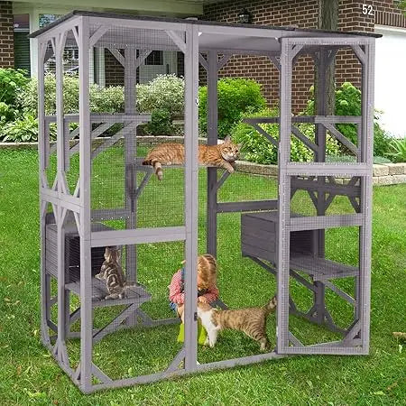Outdoor Wooden Catio Enclosure For Multiple Cats With Roof