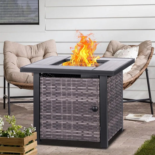 Propane Fire Pit Table With Ceramic Top And Rattan Panels