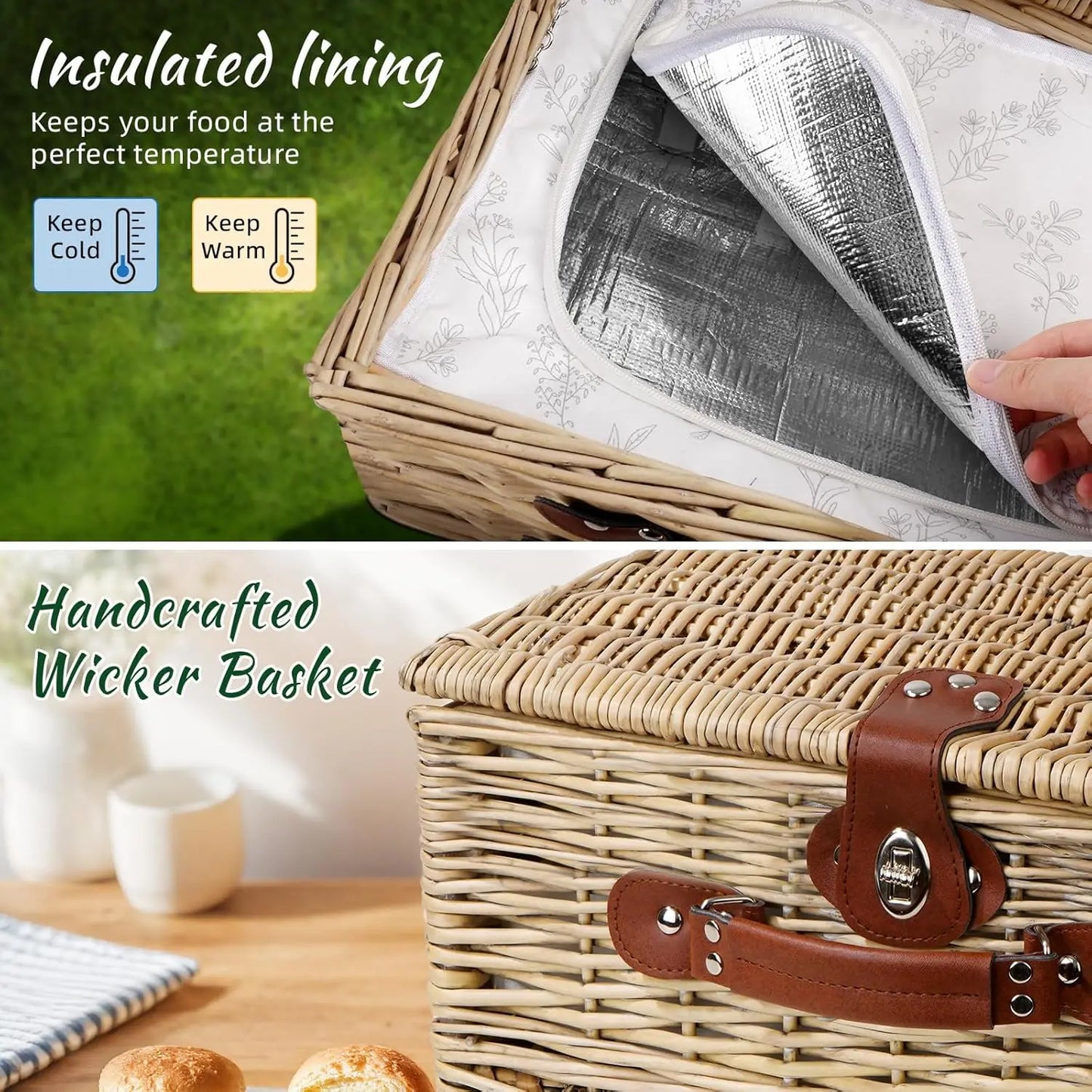 Wicker Picnic Basket for Two with Blanket &amp; Wine Pouch | Outdoor Picnic Set