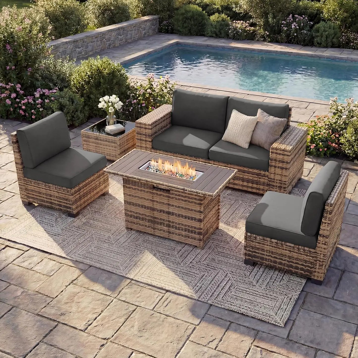 Outdoor Sectional Set With Fire Pit Table And Wicker