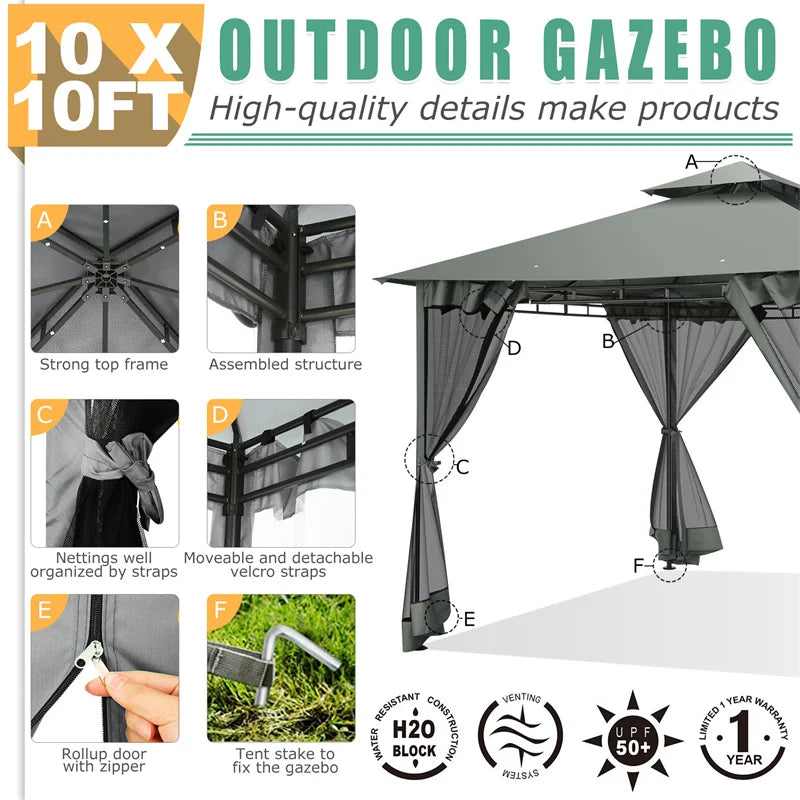 10 × 10-Foot Double-Roof Patio Gazebo with Mosquito Netting