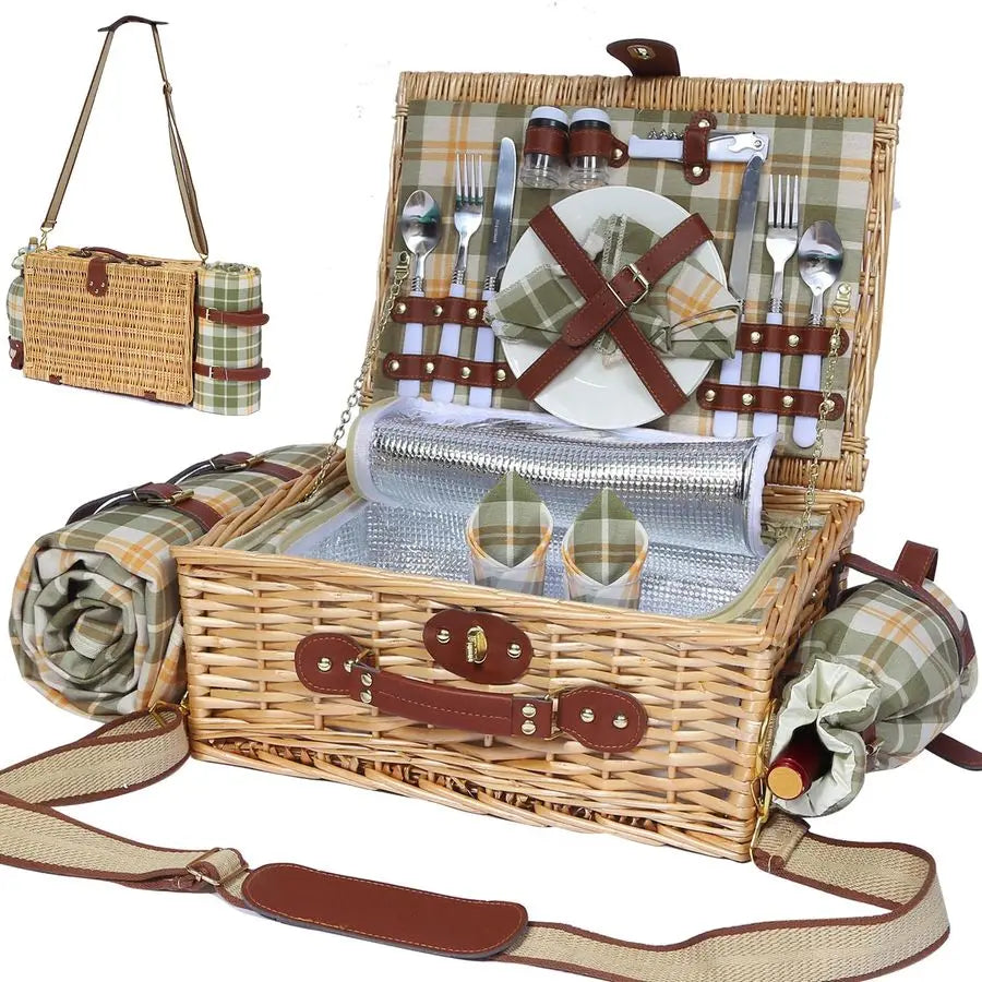 Picnic Basket for 2 with Blanket, Willow Picnic Basket Set with Shoulder StrapampWine Pouch, Large Willow Hamper with Insulated