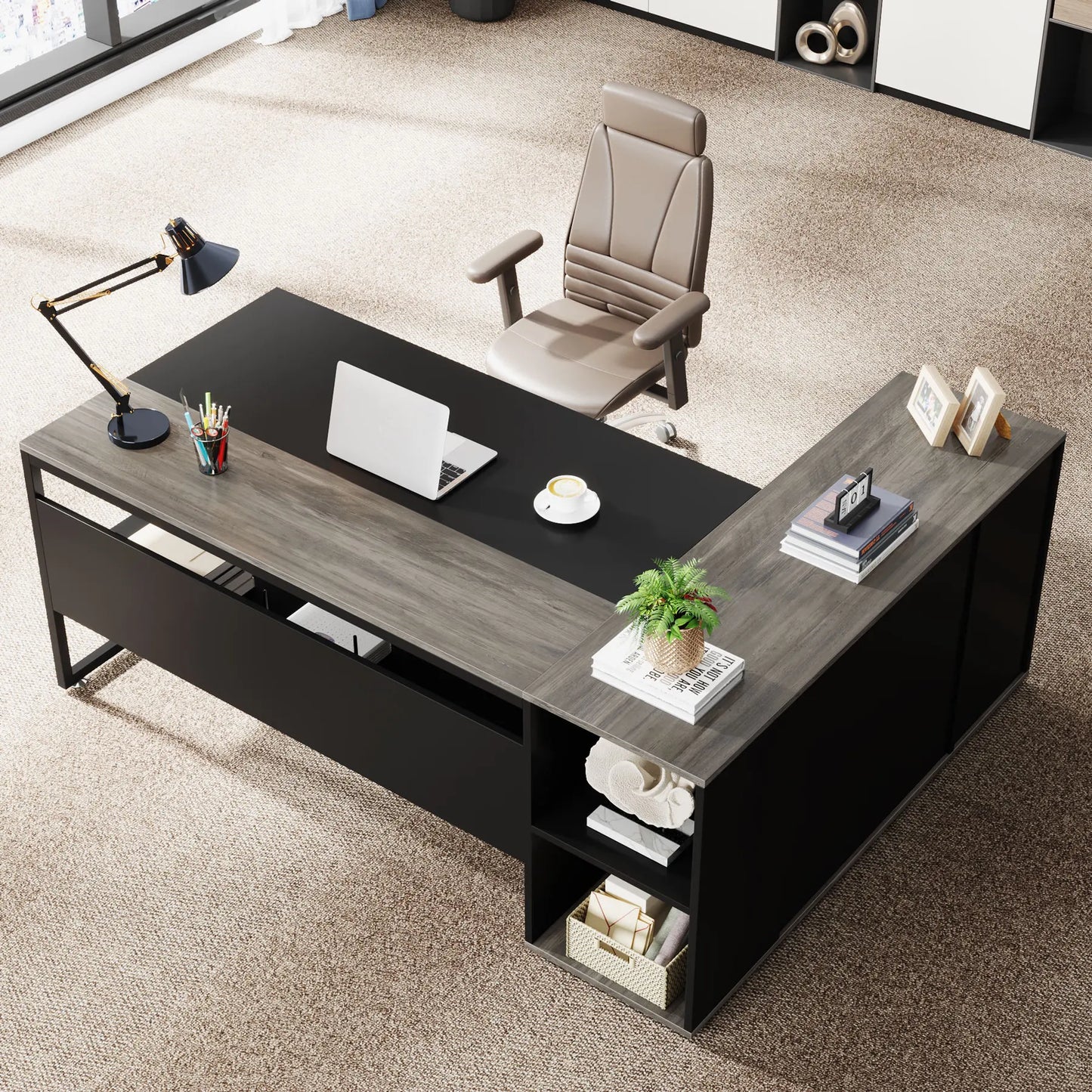 Tribesigns L Shaped Executive Desk With Cabinet Storage
