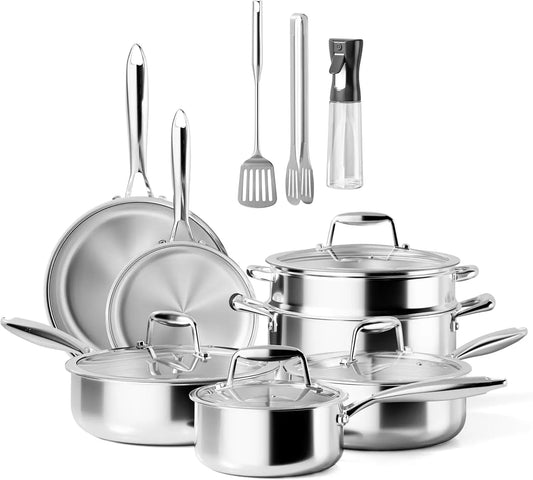 Induction Compatible Tri-Ply Stainless Steel Cookware Set With Steamer Basket