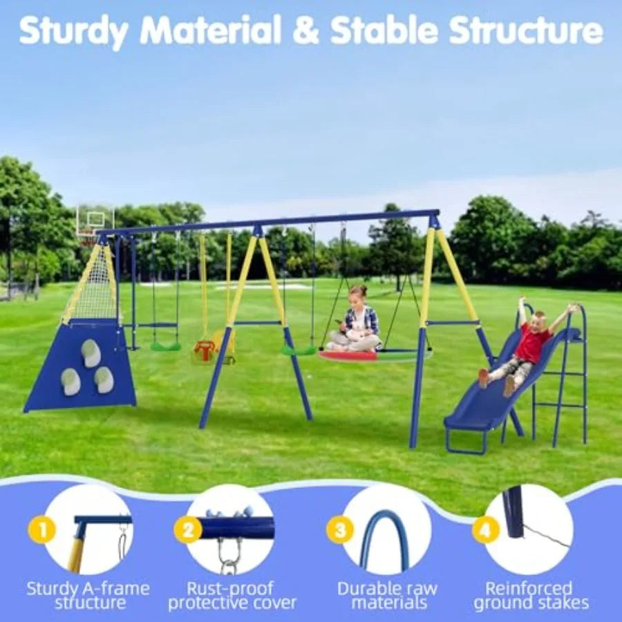 Multifunction Outdoor Metal Swing Set With Slide Hammock Teeter Totter