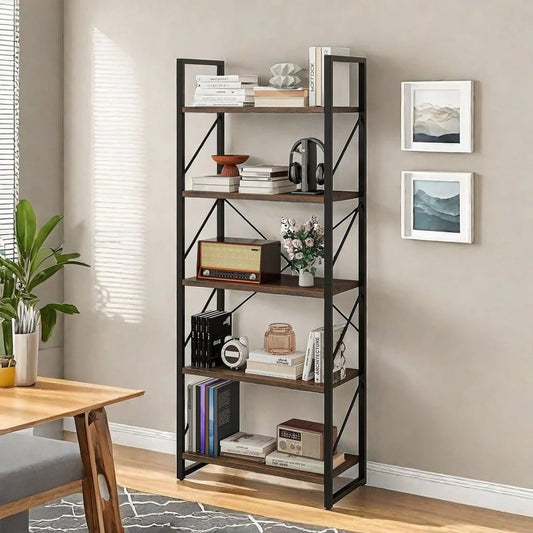 Industrial Ladder Bookshelf Open Storage Organizer With Bamboo Shelves