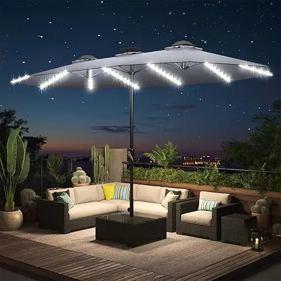 Solar Powered Patio Umbrella With LED Lights And Crank