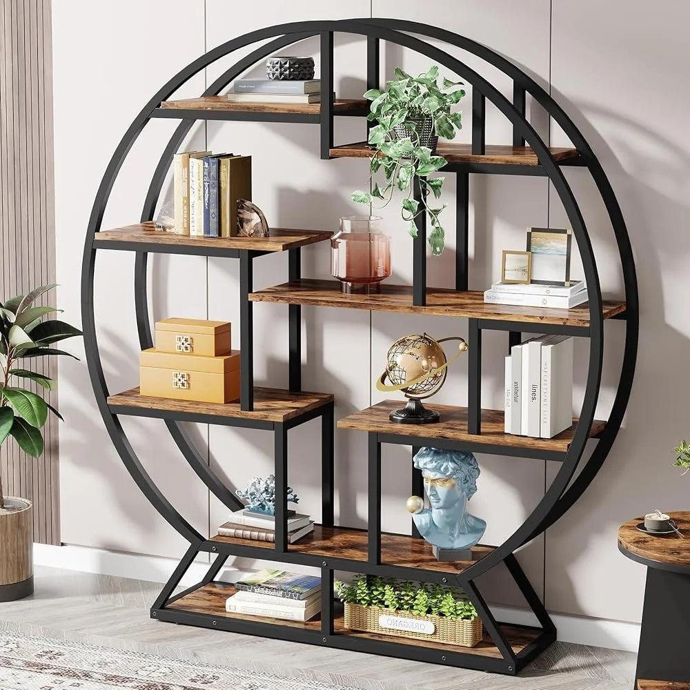 Industrial Round Bookshelf With Staggered Shelves Etagere