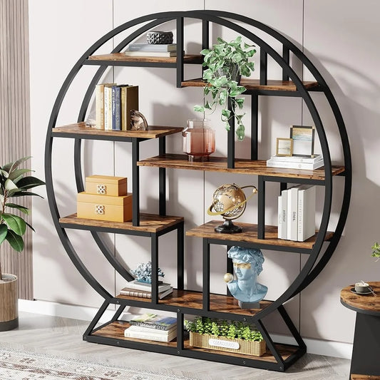 Industrial Round Bookshelf With Staggered Shelves Etagere