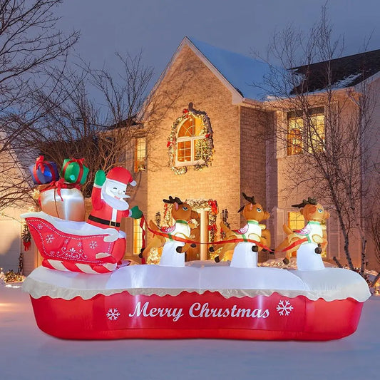 10FT Inflatable Santa Claus Sleigh with Elk LED Lights Outdoor Christmas Decorations Yard Holiday Display