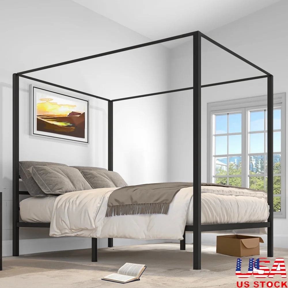 Sturdy Metal Canopy Platform Bed Frame With Under Bed Storage